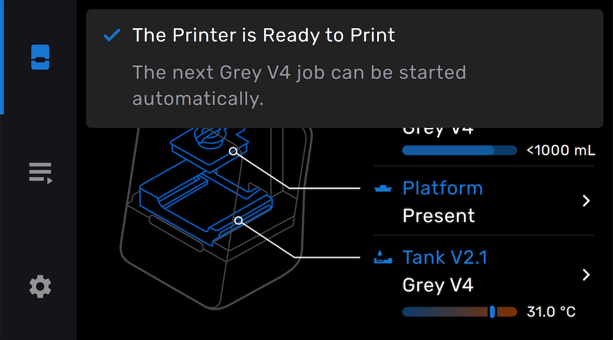 プリンタにアップロードしたプリントジョブを自動的に開始する準備（Formlabs LFSプリンタ）
